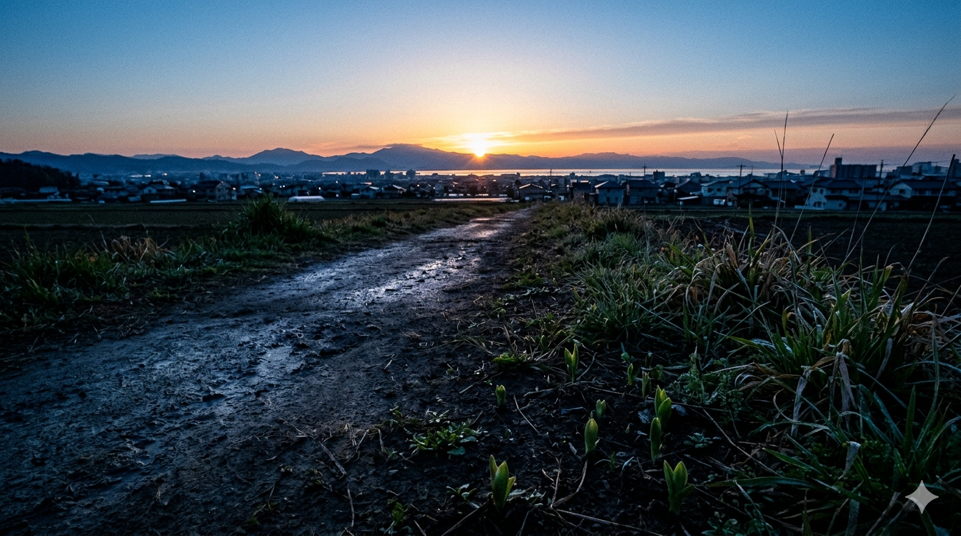 夜明けの太陽の光が差し込む、少し薄暗い一本道の風景（ブログのプロローグ・大逆転のイメージ）