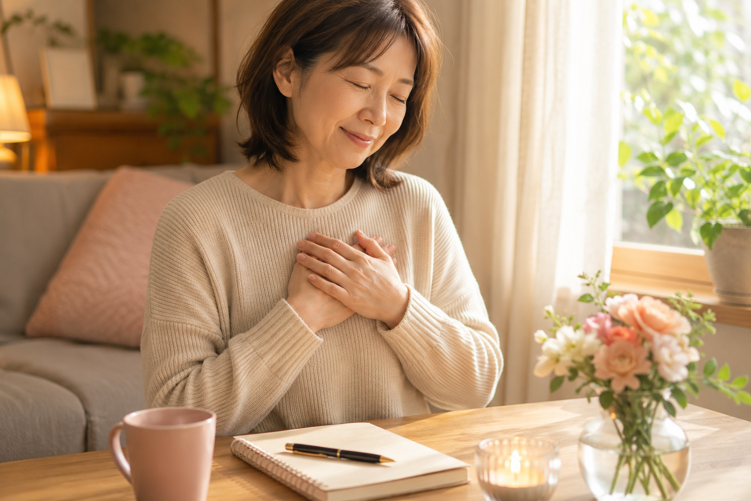 女性が胸に手を当てて、幸せそうにしている