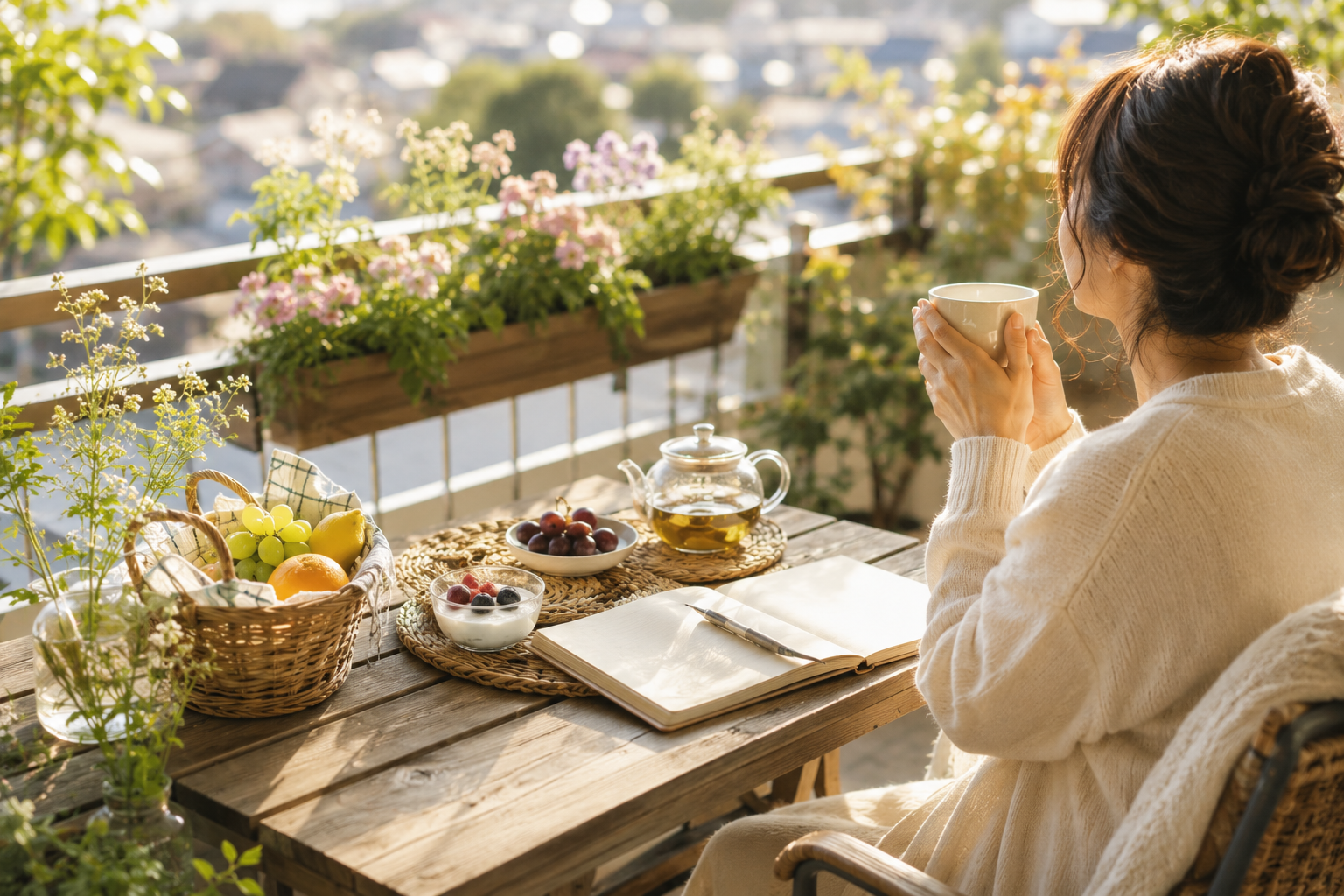 ベランダでお茶をしている女性